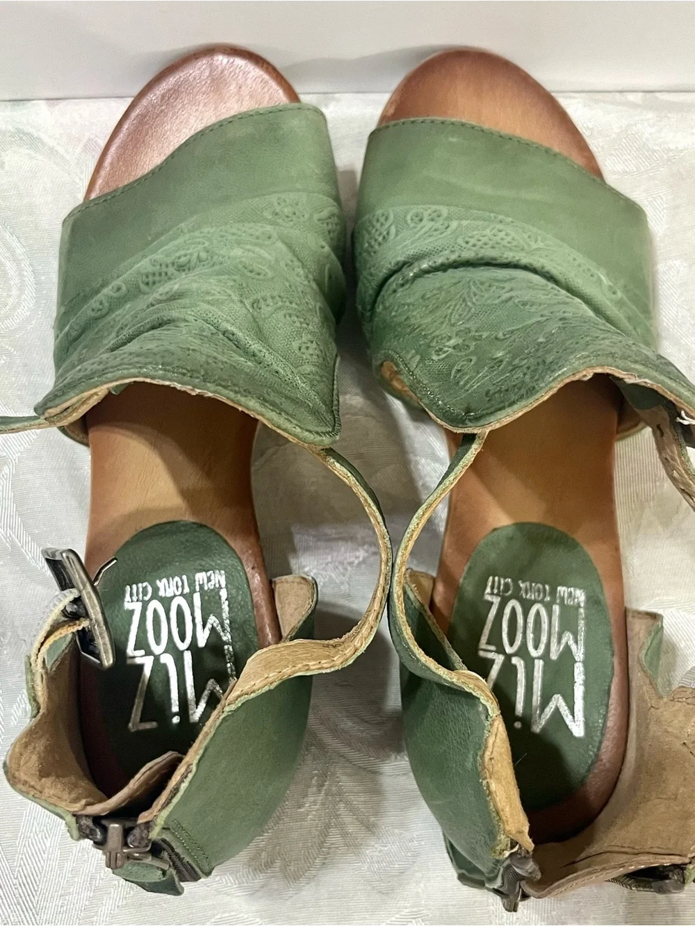 Miz Mooz Corra Leather Heeled Sandals Aloe Green EU 38 US 7.5-8 New No Box